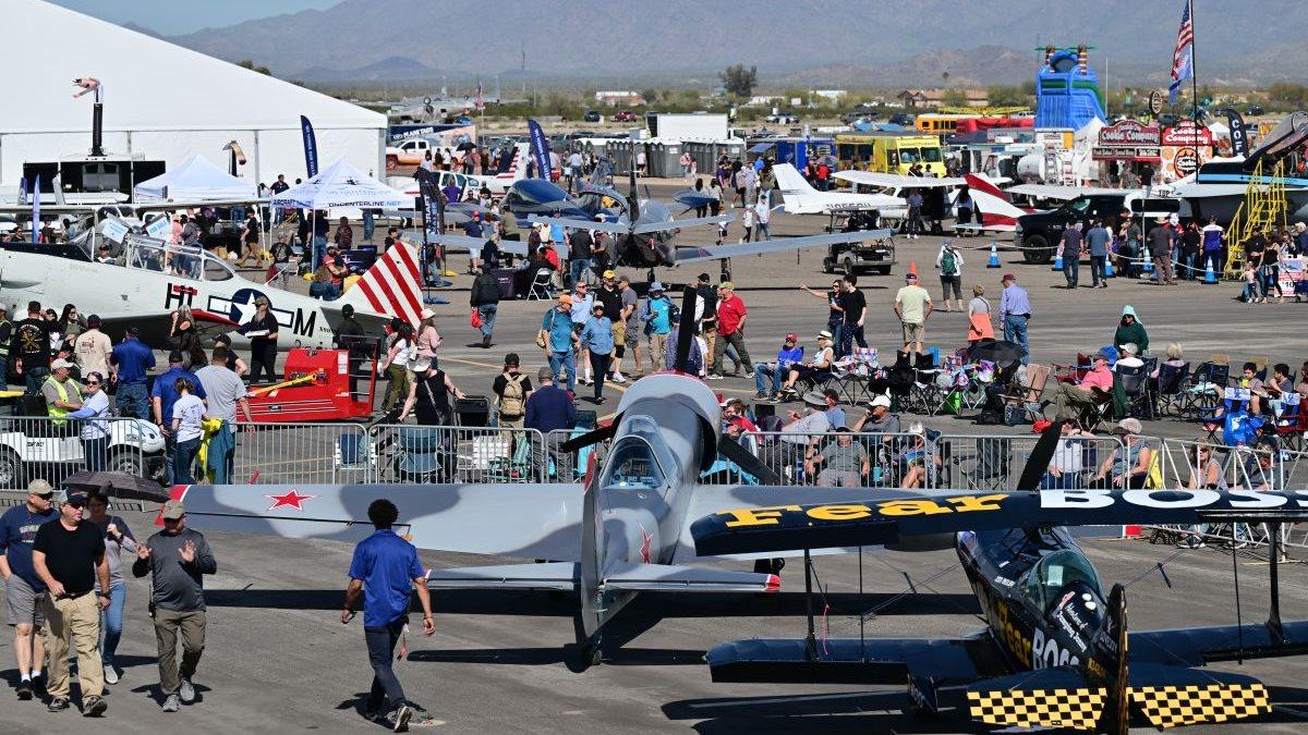 Air show participants, performers, exhibitors, and workshop leaders attend the Buckeye Air Fair in Buckeye, Arizona, near Phoenix, February 18, 2023. Photo by David Tulis.