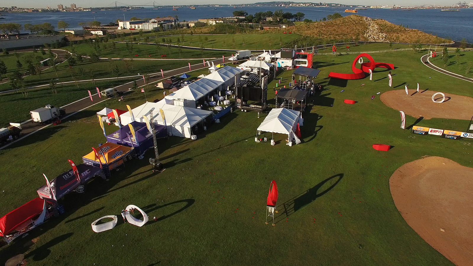 The race track is prepared for action Aug. 7, the final day of the U.S. National Drone Racing Championships on Governors Island, New York. Jim Moore photo.