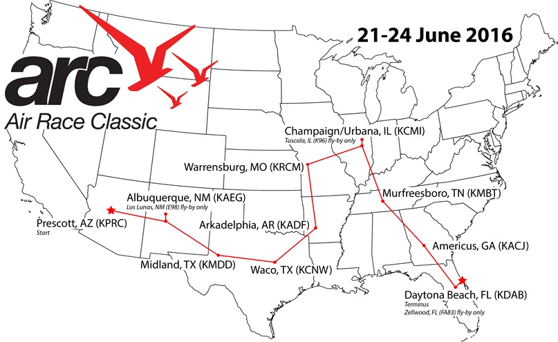 The 2016 edition of the Air Race Classic, the fortieth for the annual event, covers a 2,716-mile route spanning 12 states. Image courtesy of Air Race Classic. 
