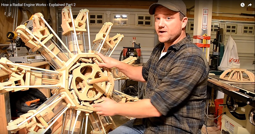Wood hobbyist Ian Jimmerson took his love of all things mechanical and combined it with his woodworking passion to create a nine-cylinder radial engine out of lumber and plastic. Photo courtesy of Ian Jimmerson.
