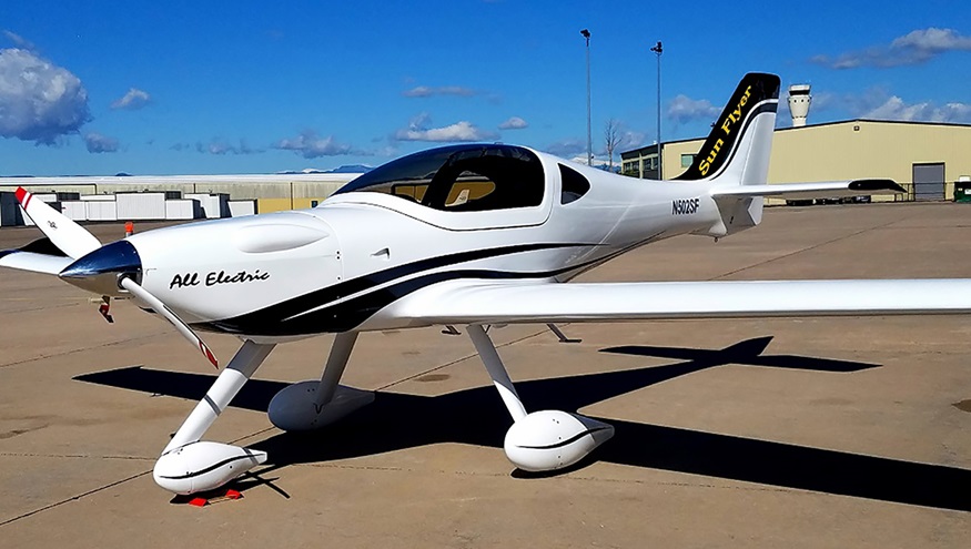 Aero Electric Aircraft Corp. is developing the Sun Flyer aircraft. The all-composite aircraft will be powered by an electric motor driven by lithium-ion batteries charged by solar cells mounted on the wings and it is intended to be the first FAA-certified all-electric trainer. Photo courtesy of Aero Electric Aircraft Corp.