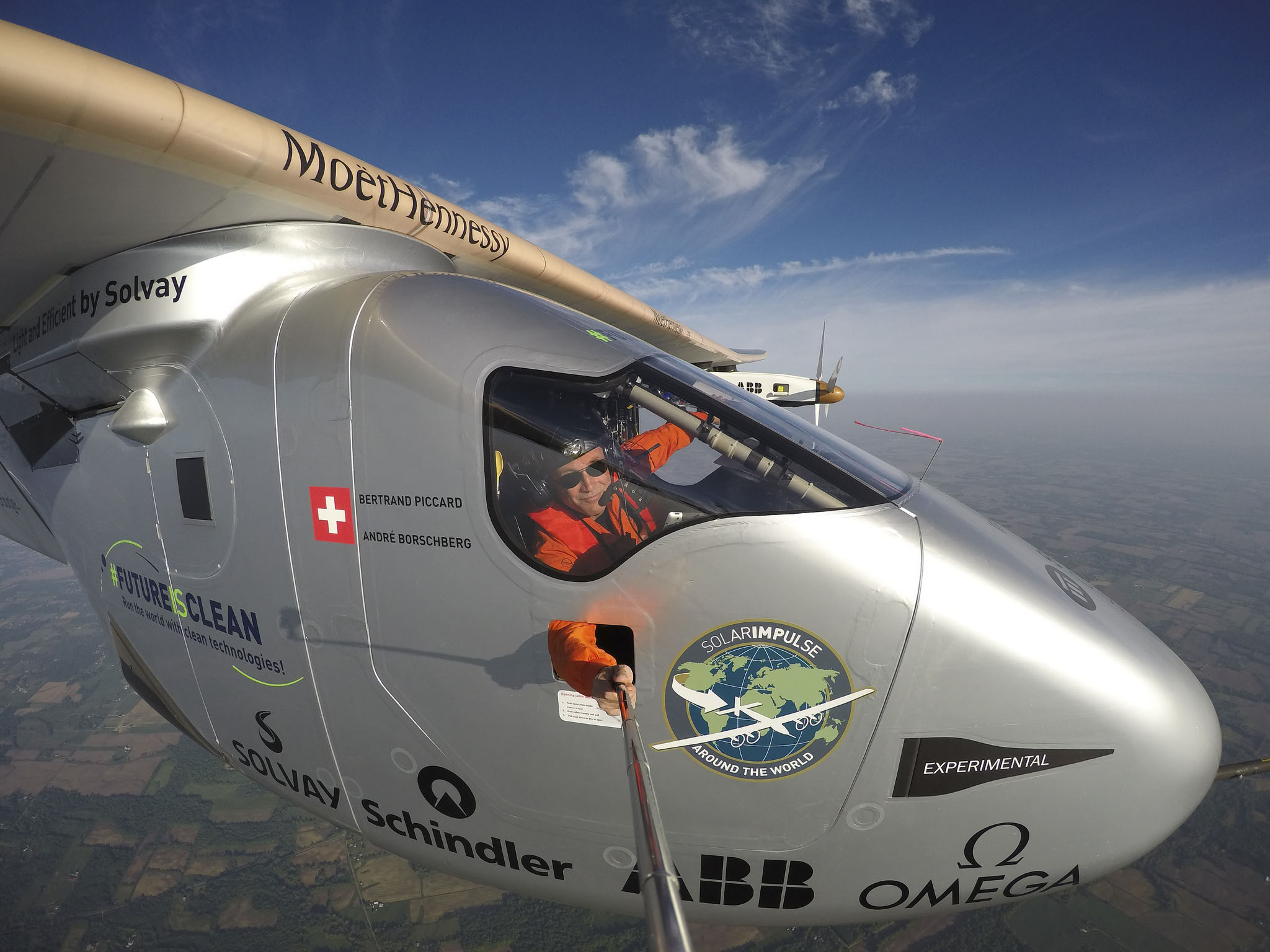 Bertrand Piccard takes a selfie during his flight from Dayton, Ohio to Allentown, Pennsylvania May 25. Photo courtesy of Solar Impulse.