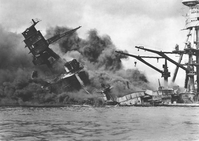 The USS Arizona burning after the Japanese attack on Dec. 7, 1941. U.S. Navy archival photo. 