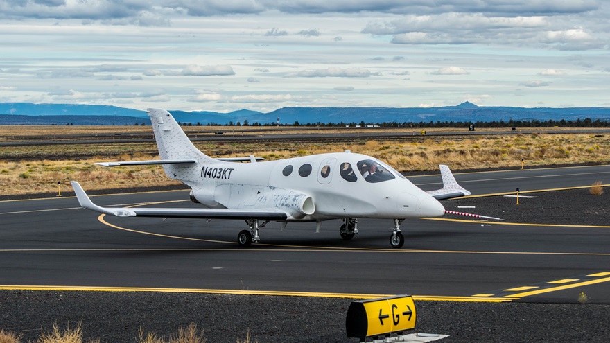 Test pilot Dave Morss flew the maiden flight of the Stratos 714 VLJ (Very Light Jet) on Nov. 21, and tests have continued since. Photo courtesy of Stratos Aircraft.