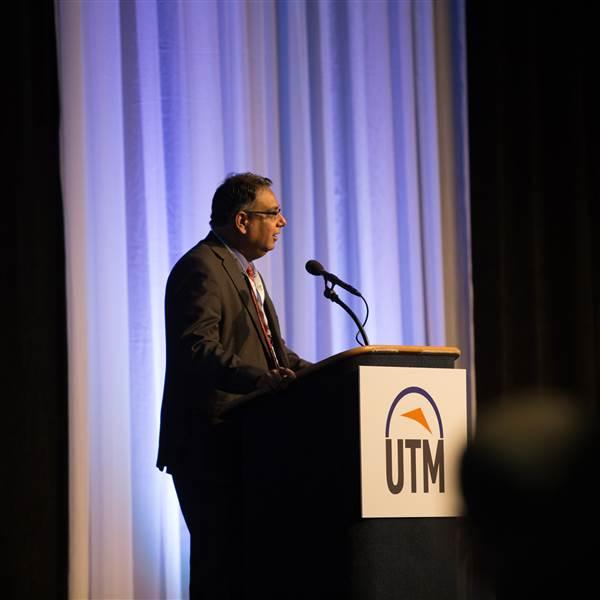 Parimal Kopardekar, principal investigator of the NASA UTM program, addresses the UTM Convention Nov. 9. Jim Moore photo.