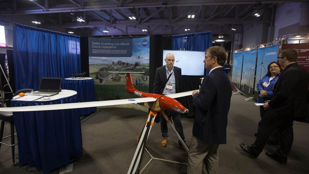 One of the NASA test aircraft flown during tests conducted at Reno Stead Airport in Nevada on display at the the UTM Convention 2016 in Syracuse, New York. Jim Moore photo.