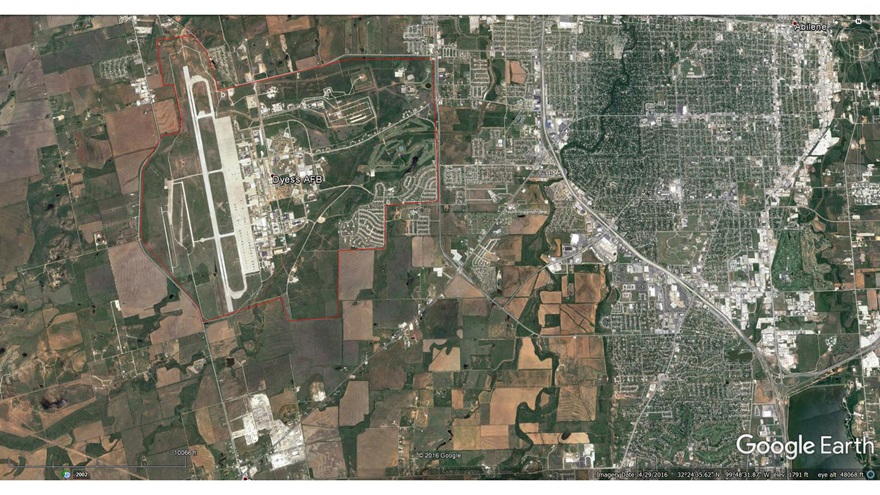 Dyess Air Force Base is approximately 7 miles southwest of Abilene, Texas. The FAA has prohibited unmanned aircraft flights within the area depicted here in red, effective April 14. Google Earth image. 