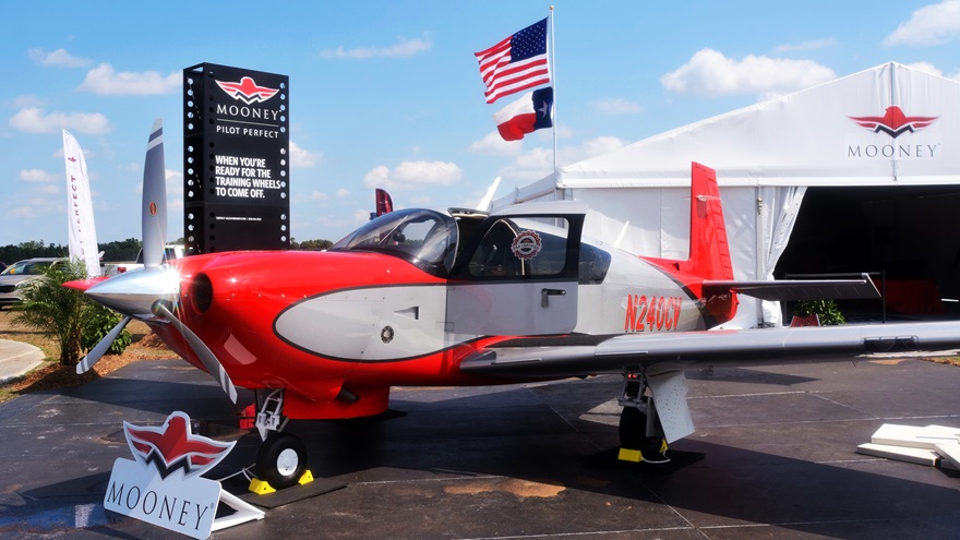 Mooney's recently certified Ultra is front and center at the manufacturer's Sun 'n Fun exhibit. Among the features added to the high-performance single is a pilot's door. Photo by Mike Collins.