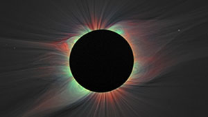These images of the solar corona are color overlays of the emission from highly ionized iron lines for the 2006 eclipse (left column) and 2008 eclipse (right column), with white-light images added in the bottom row. Red indicates iron line Fe XI 789.2 nm, blue represents iron line Fe XIII 1074.7 nm, and green shows iron line Fe XIV 530.3 nm. These are the first such maps of the 2-D distribution of coronal electron temperature and ion charge state. Image courtesy of  NASA Goddard Space Flight Center / Habbal, et al.