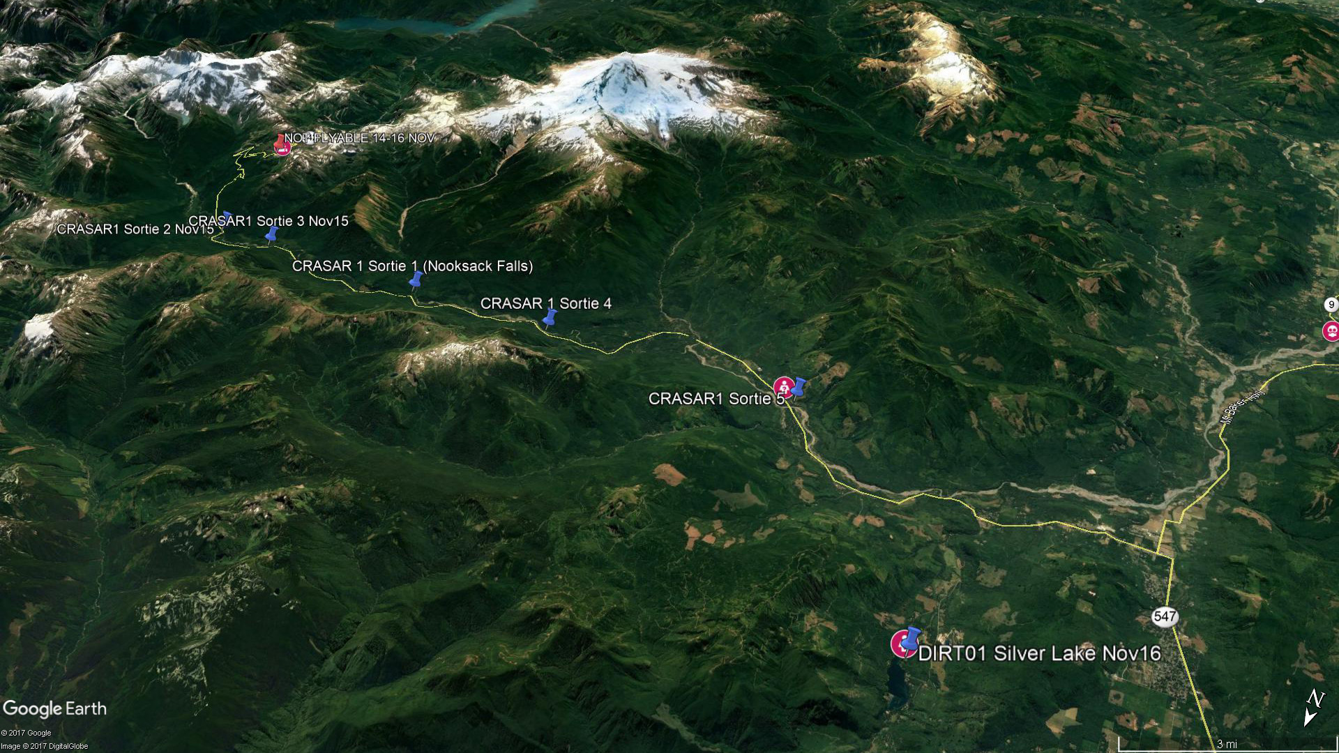 This Google Earth image serves as a location reference for panoramic photos taken in various locations near Mount Baker in Whatcom County. Mount Baker is the dominant peak at the top of the map, the tallest mountain in the North Cascade range.