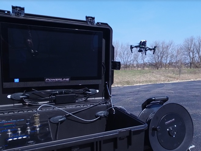 The PowerLine Tethered System connects to a DJI Inspire, giving it theoretically unlimited flight time. Photo courtesy of NTP, Inc.
