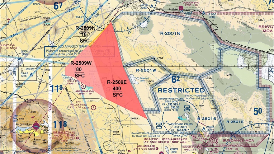 Depiction of three proposed temporary restricted areas for the Twentynine Palms, California, area.