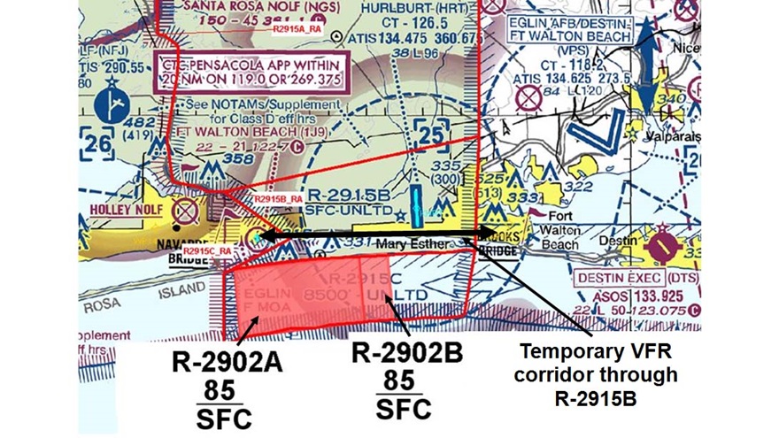 Proposed temporary restricted airspace depiction for the Valparaiso and Destin, Florida, areas.