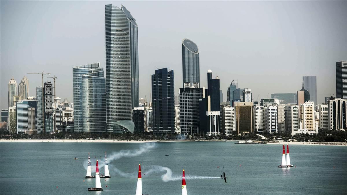 Matt Hall of Australia flies the course at the Red Bull Air Race World Championship in Abu Dhabi, United Arab Emirates on Feb. 11. Photo by Joerg Mitter / Red Bull Content Pool.
