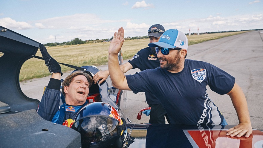 Kirby Chambliss celebrates at the Red Bull Air Race World Championship in Budapest, Hungary on July 2. Photo by Balazs Gardi/Red Bull Content Pool.