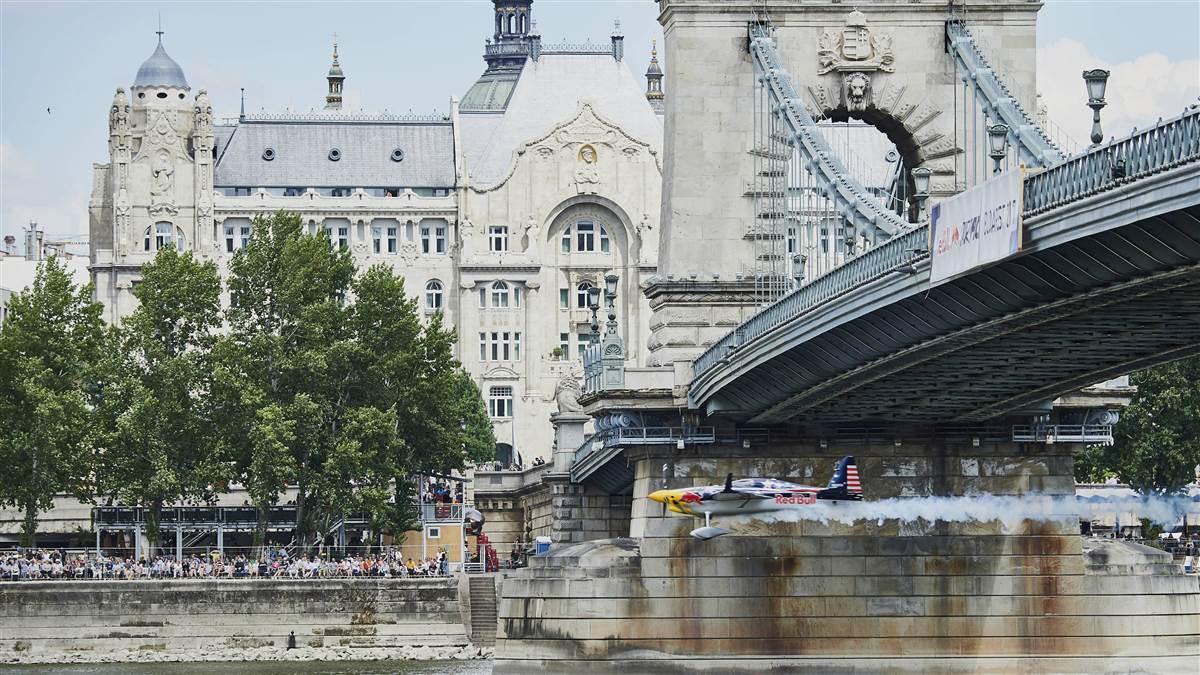Kirby Chambliss begins his winning run during the Red Bull Air Race World Championship race in Budapest, Hungary on July 2. Photo by Armin Walcher/Red Bull Content Pool.
