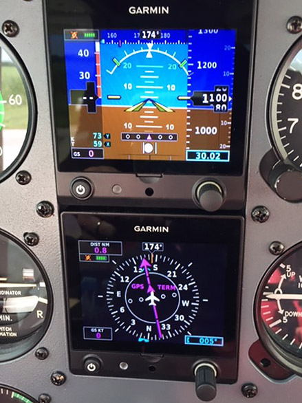 Garmin’s Cessna 172 demo airplane includes dual G5s—an attitude indicator to drive the GFC 500 autopilot and a second G5 set up as a horizontal situation indicator (HSI). The knob on the G5 can be used to set heading or track as well as to manage a menu to turn Electronic Stability and Protection on and off. Photo by Tom Haines.