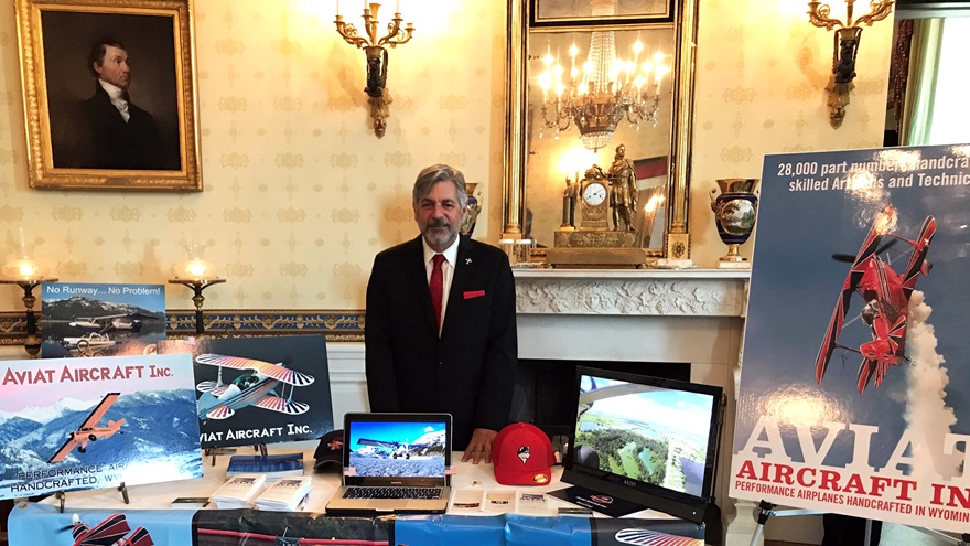 Aviat Aircraft of Afton, Wyoming, was among 50 U.S. companies chosen to represent their states in a Made in America Week event at the White House on July 17. Company President Stuart Horn set up Aviat's display in the Blue Room. Photo courtesy of Stuart Horn.
