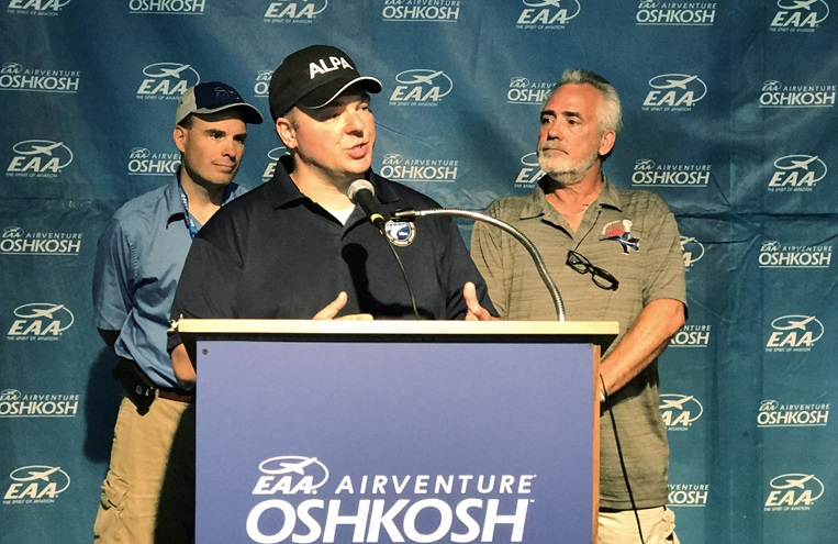 Representatives from the Experimental Aircraft Association, the Air Line Pilots Association, and the National Air Traffic Controllers Association announced during a media briefing at EAA AirVenture in Oshkosh, Wisconsin, that their associations are supporting the AOPA High School Initiative. Photo by David Tulis.