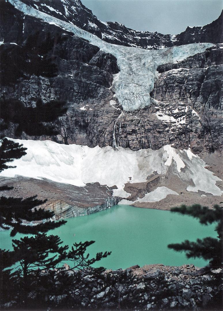 Hiking the Cavell Meadows Loop Trail: Angel Glacier hangs above Cavell Pond. Meltwater streaming off the glacier creates numerous waterfalls. Photo by Crista Worthy.
