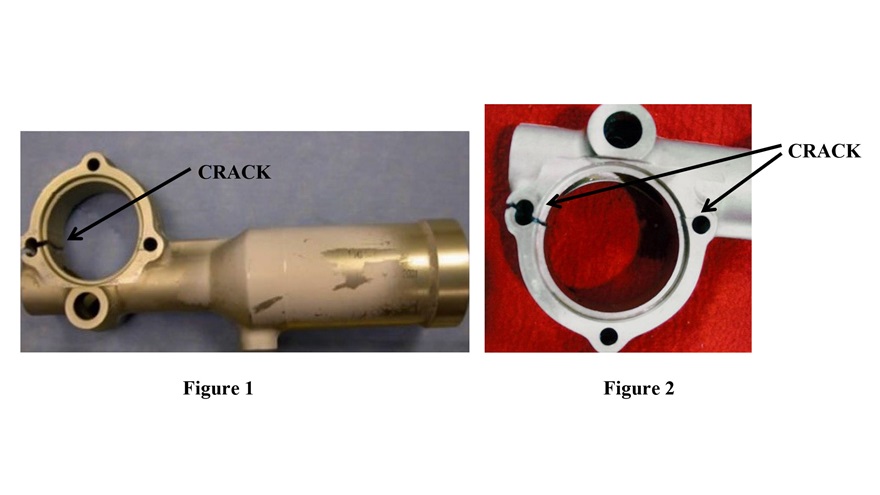 Figures 1 and 2 from the FAA bulletin of June 9 show two example actuators with the crack in the location where it is most commonly noted. FAA photos. 