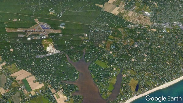 East Hampton Airport has long been the subject of acrimony over noise. Google Earth image.
