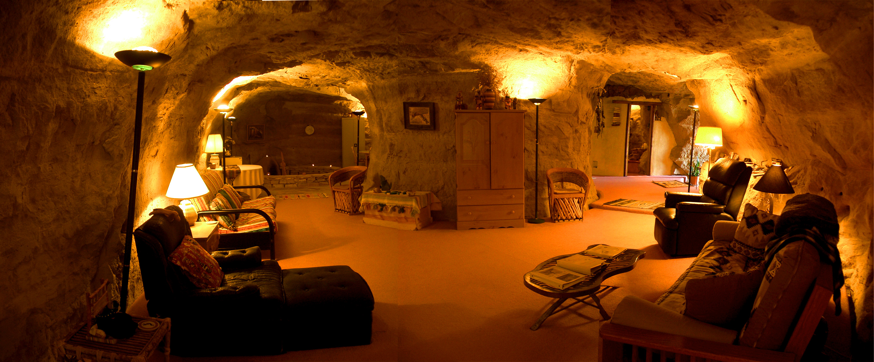 Panoramic view of the main rooms inside Kokopelli’s Cave, carved into solid rock. Photo courtesy Kokopelli’s Cave.