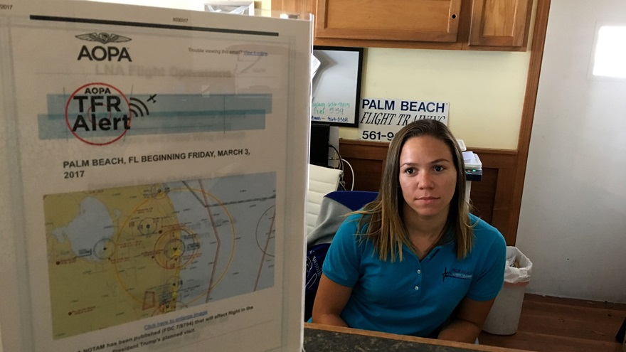 Palm Beach Flight Training Office Manager Michelle Edwards endures slow days at the flight school when presidential TFRs shut down Lantana Airport. Photo courtesy of Palm Beach Flight Training.