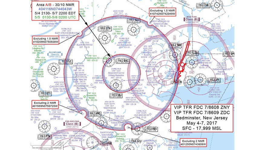 President Donald Trump will be visiting New Jersey, bringing with him a 30-nautical-mile-radius temporary flight restriction. The graphic, created by FAA System Operations Security and Jeppesen FliteStar software, should not be used for navigation. Image provided by NBAA.