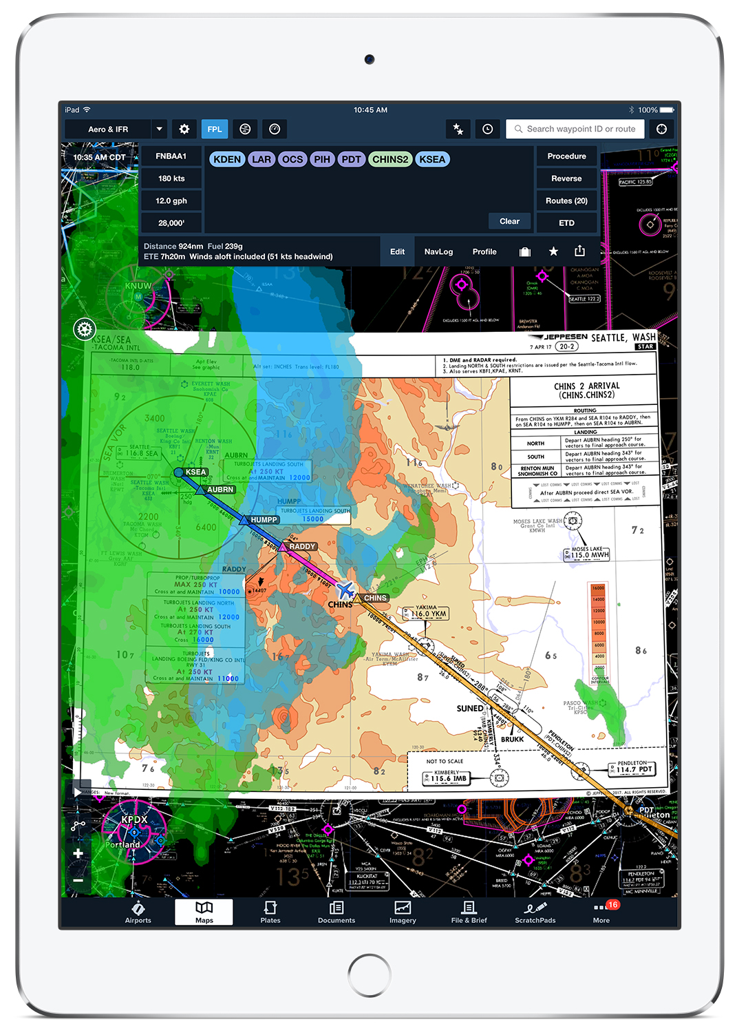 Weather can be displayed over Jeppesen charts to enhance situational awareness for pilots. Image courtesy of ForeFlight.