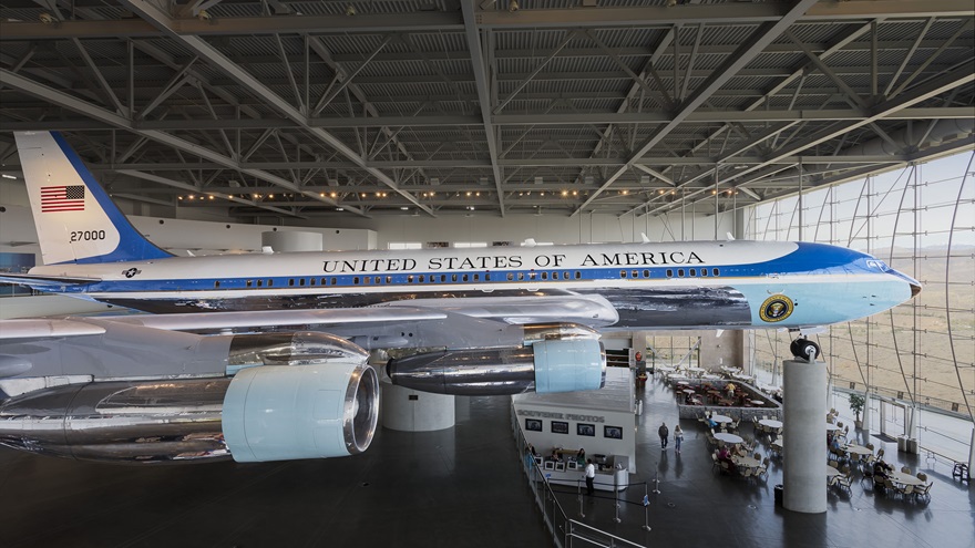 Inside the Ronald Reagan Presidential Library, Air Force One seems ready to blast out of the glass wall into the sky. Photo by Mike Fizer.