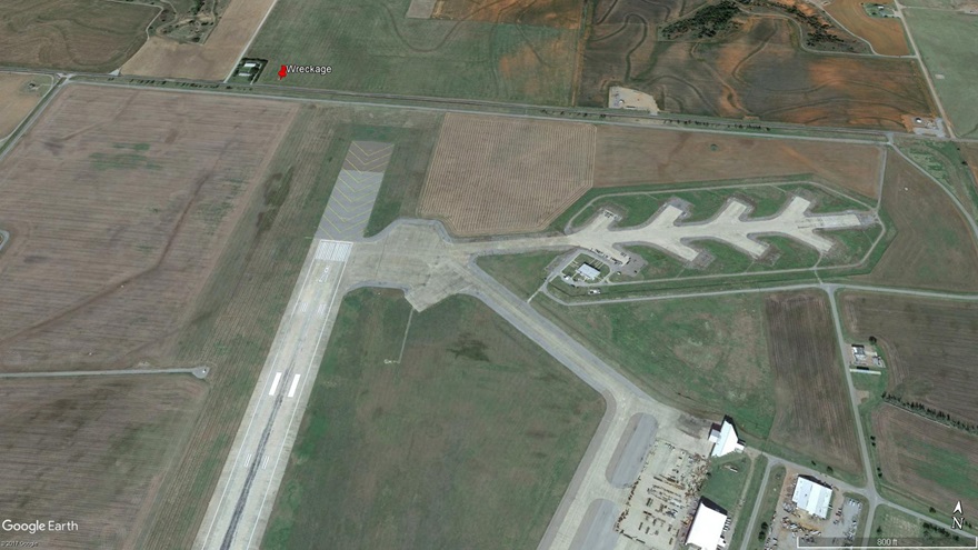 This Google Earth image shows the location where the Bugatti 100P replica came to rest, just outside of the fence surrounding Clinton-Sherman Airport in Oklahoma. 