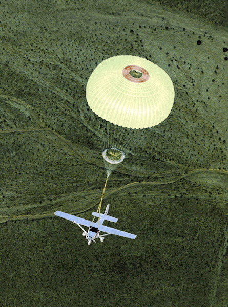 A BRS Aerospace whole aircraft parachute lowers a single-engine Cessna. Photo courtesy of BRS Aerospace.
