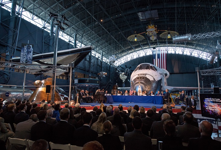 Members of the revitalized National Space Council are seen during an Oct. 5 meeting at the Smithsonian National Air and Space Museum's Steven F. Udvar-Hazy Center in Chantilly, Va. The council, chaired by Vice President Mike Pence, heard testimony from representatives from civil space, commercial space, and national security space industry representatives. Photo courtesy of Joel Kowsky, NASA.