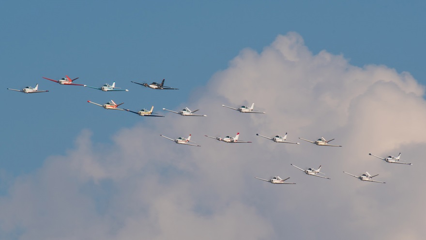 A formation flyover at Wichita's Col. James Jabara Airport showcased Beechcraft Barons and Bonanzas at the American Bonanza Society convention. Photo courtesy of Visual Media Group.