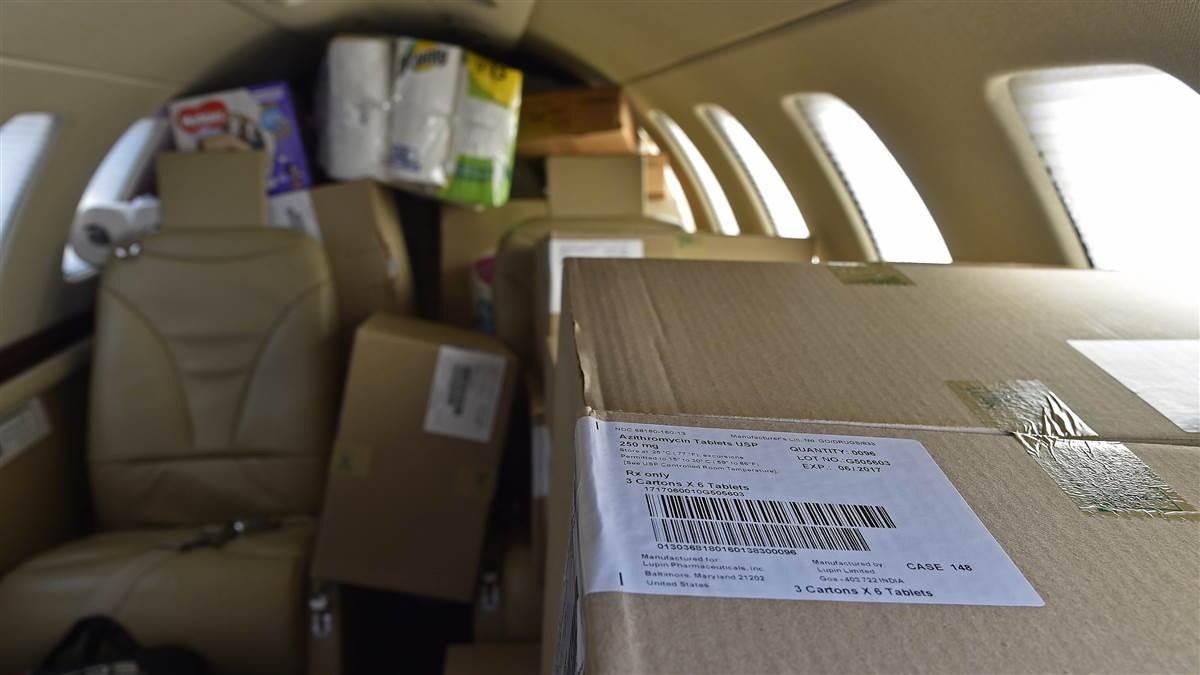 A Cessna Citation jet is packed with about $300,000 worth of antibiotics and other medical supplies bound for St. Croix, U.S. Virgin Islands, to help Hurricane Irma victims, Sept. 14. Photo by David Tulis.