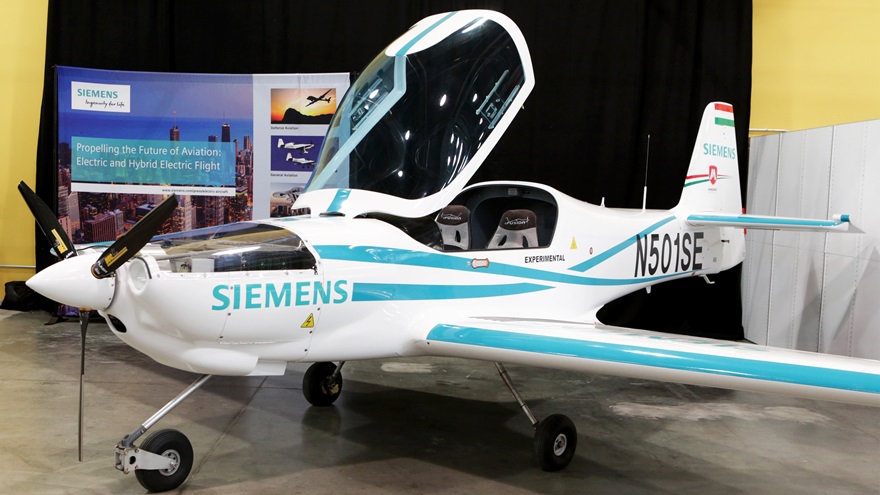 The eAircraft on display during the Siemens Innovation Day USA at the Digital Manufacturing and Design Innovation Institute in Chicago. Jean-Marc Giboux/AP Images for Siemens