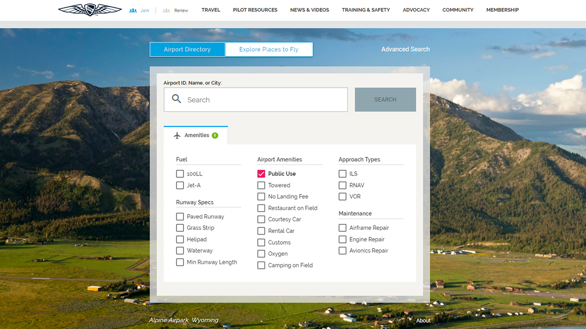 The Destinations platform will allow pilots to search for airports based on a variety of parameters such as runway specifications, available fuels, and approach types. 