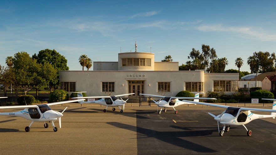 Four Pipistrel Alpha Electro aircraft are now being tested in California's San Joaquin Valley, with the goal of validating electric propulsion in the flight training environment. Officials celebrated their arrival April 17 with a ceremony at Fresno Chandler Executive Airport. Photo by Douglass Fletcher Sisk, courtesy of the Sustainable Aviation Project.