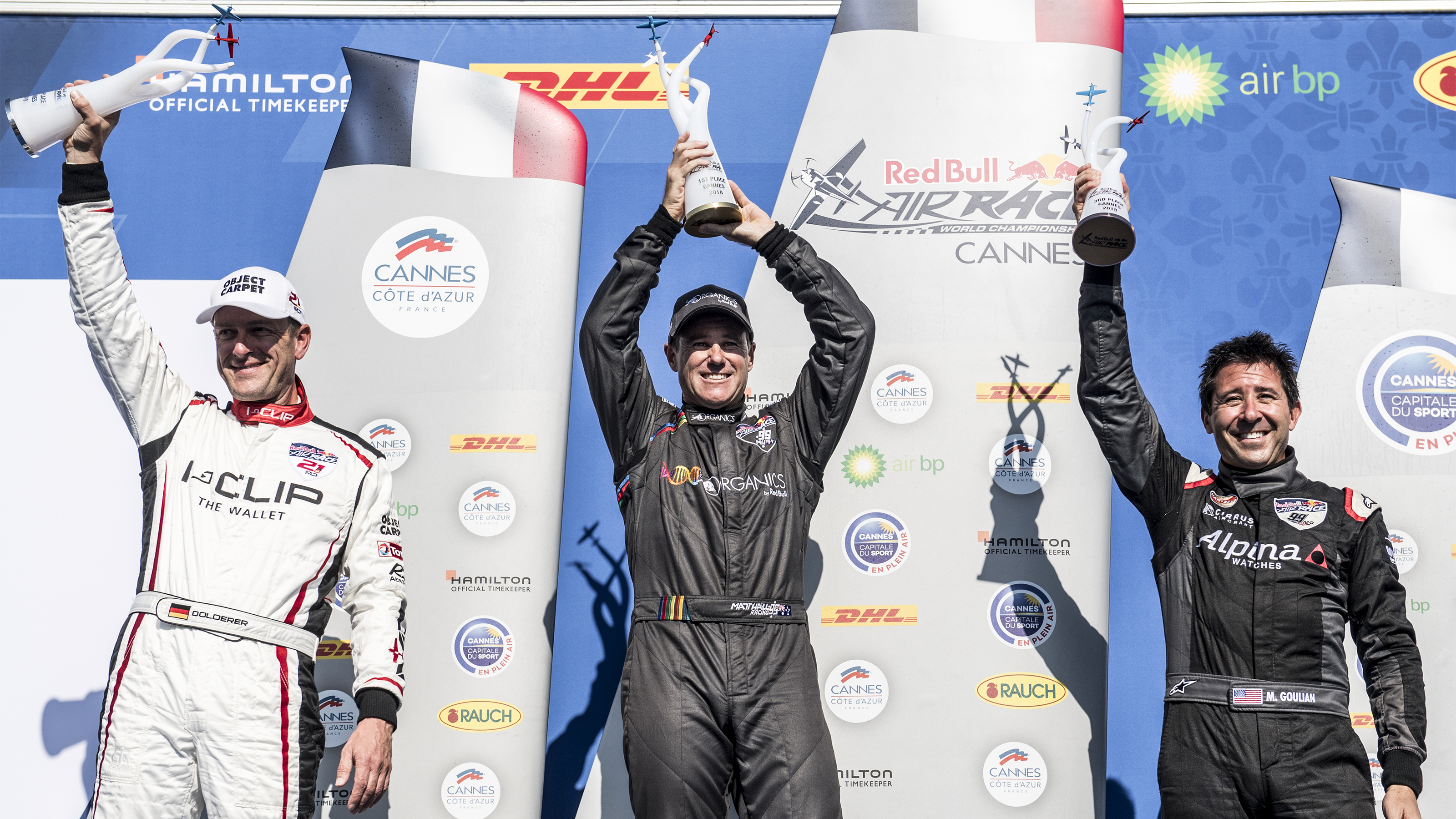 Matt Hall of Australia (center) celebrates with Matthias Dolderer of Germany (left) and Michael Goulian of the United States (right) during the award ceremony at the second round of the Red Bull Air Race World Championship in Cannes, France on April 22, 2018. Photo by Predrag Vuckovic /Red Bull Content Pool.