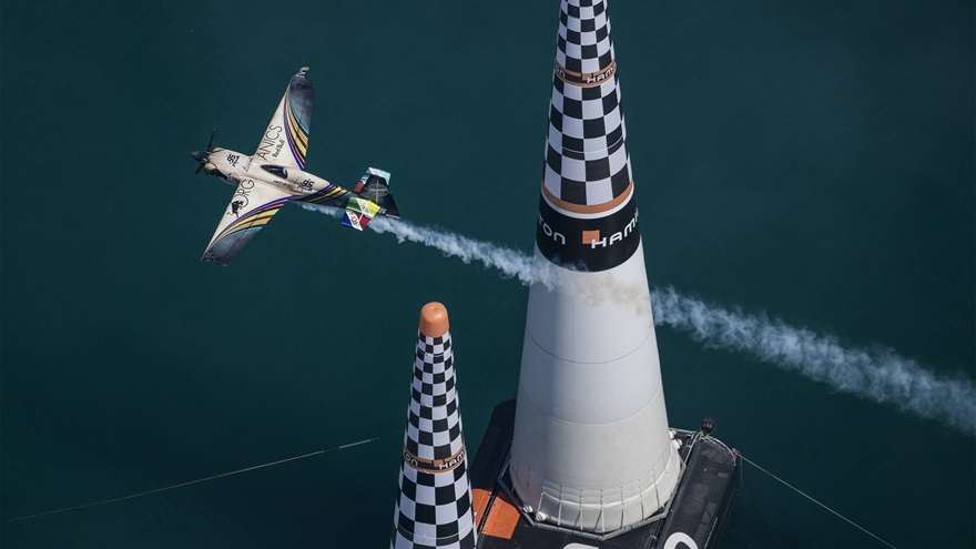 Matt Hall of Australia performs during finals at the second round of the Red Bull Air Race World Championship in Cannes, France, on April 22, 2018. Photo by Joerg Mitter/Red Bull Content Pool.