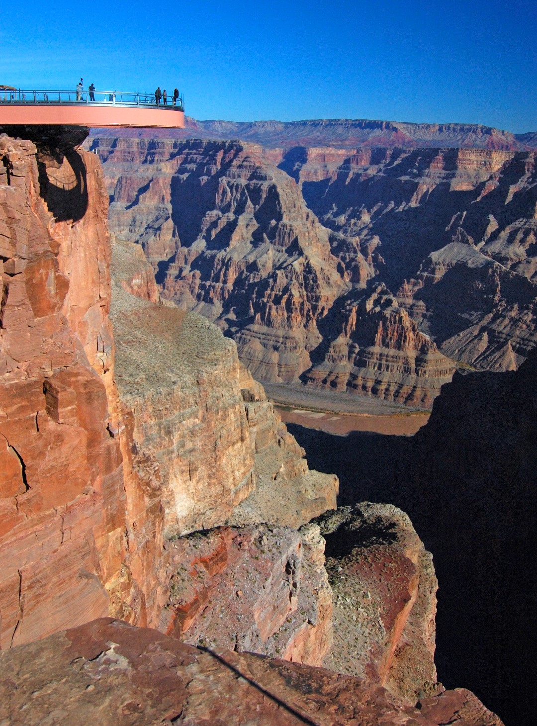 Stand on the Skywalk and gaze at the Grand Canyon’s many layers, which here reveal over half a billion years of geological time. The canyon itself was carved relatively recently—about 5 million years ago—by yearly spring flooding plus catastrophic floods that occurred when ancient lakes suddenly drained, after walls of soil or lava holding back the water gave way. Photo by Crista Worthy.