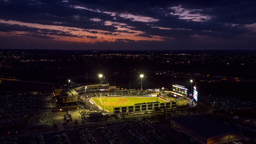 Coca-Cola Park hosted the home opener of the Lehigh Valley IronPigs on April 12, and the game broadcast was augmented, for the first time, by views from a drone. Photo courtesy of Lehigh Valley Drone. 