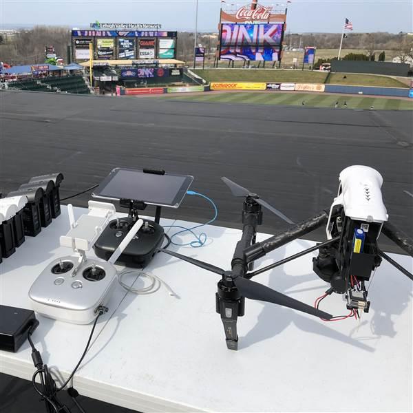 Lehigh Valley Drone’s baseball coverage rig is a DJI Inspire 1 Pro fitted with a uAvionix Ping 2020i for Automatic Dependent Surveillance-Broadcast Out, and two white strobes for enhanced visibility. The drone is flown from the roof of Coca-Cola Park. Photo courtesy of Lehigh Valley Drone. 