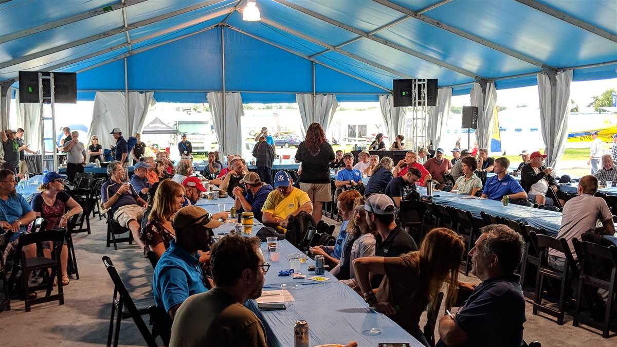 More than 100 people enjoyed free food, drink, and drone talk at the AOPA Drone Social sponsored by PrecisionHawk at EAA AirVenture on July 27. Photo courtesy of PrecisionHawk.