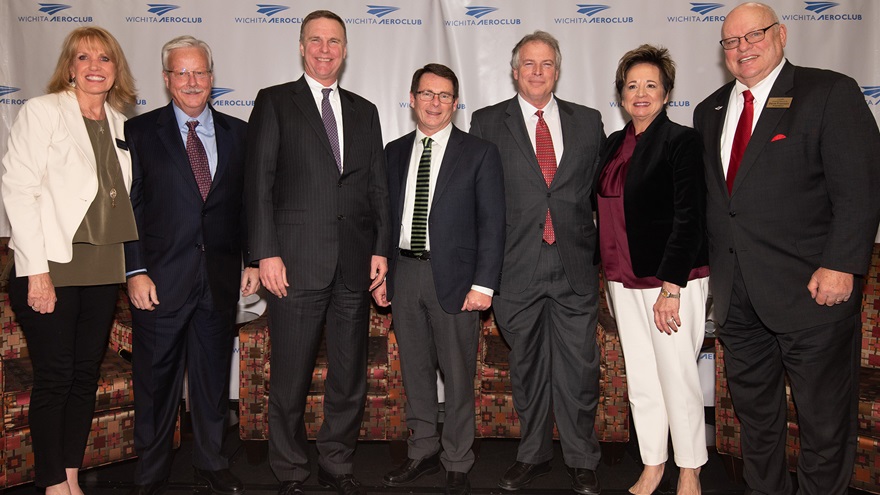 The Wichita Aero Club celebrated its tenth anniversary by inviting a group of industry leaders to an On-Air Summit about the state of general aviation. Left to right, Molly McMillin of Weekly of Business Aviation; Jack Pelton, EAA; Ed Bolen, NBAA; Tom Haines, AOPA; Pete Bunce, GAMA; Paula Derks, AEA; and Dave Franson, president of the Wichita Aero Club. Photo courtesy of Wichita AeroClub.