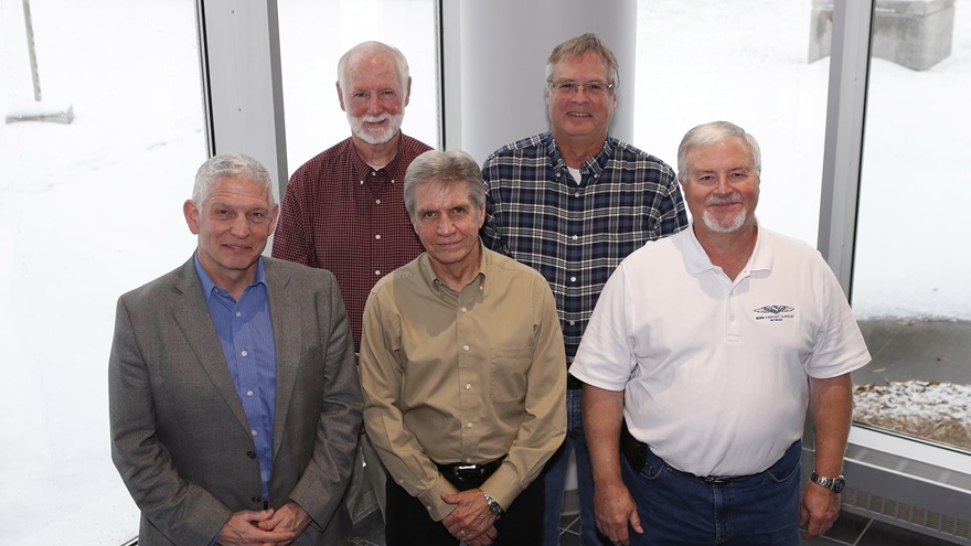 Airport Support Network Board of Advisors (back, left to right) Jim Johnson, Steve Wolf, (front, left to right) Guy Rouelle, Keith Craigo, and Euel Kinsey meet at AOPA headquarters in Frederick, Maryland, to discuss airport issues. Photo by Chris Rose.