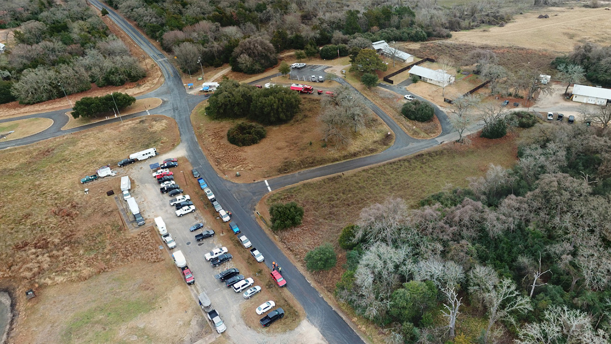 Search teams converged Feb. 3 at a state park in Texas for a search-and-rescue exercise. Click on this image to view a 360-degree, scrollable and zoomable panorama taken by a drone. Jim Moore photo.