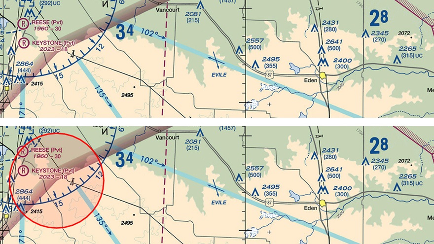 This comparison of SkyVector sectional chart excerpts shows how a Texas TFR was recently depicted online. Composite by AOPA staff.