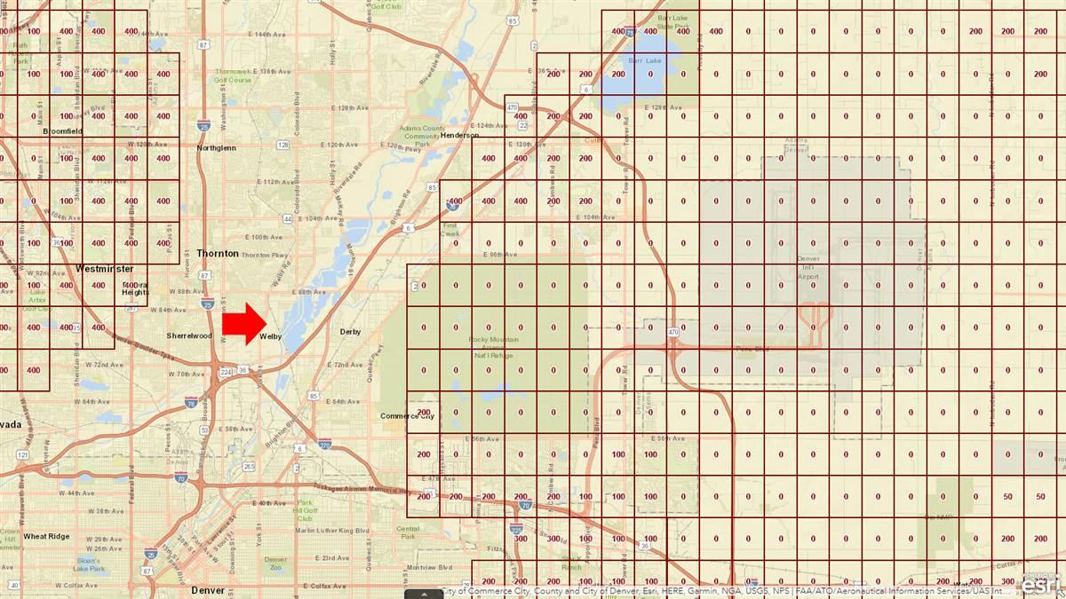 The red arrow on this portion of an FAA UAS Facility Map of the Denver area points to the location of the broadcast towers inspected by Cris Alexander's drone. The facility once hosted a nondirectional beacon used to guide aircraft into what was then known as Stapleton Airport to the east. 